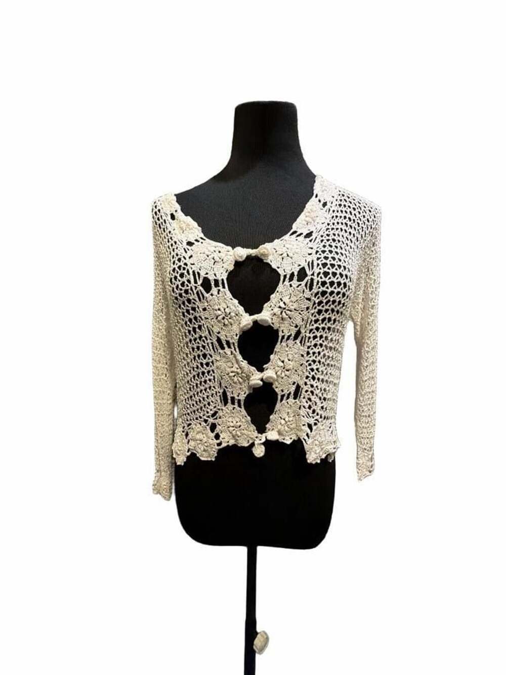 751 Boho Floral Crochet Long Sleeve Tie Front Cardigan